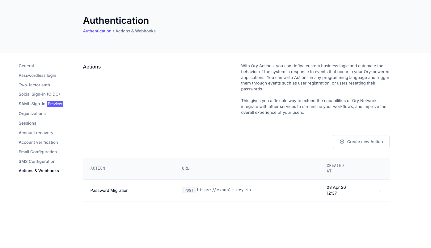 Actions & Webhooks page showing the Password Migration action